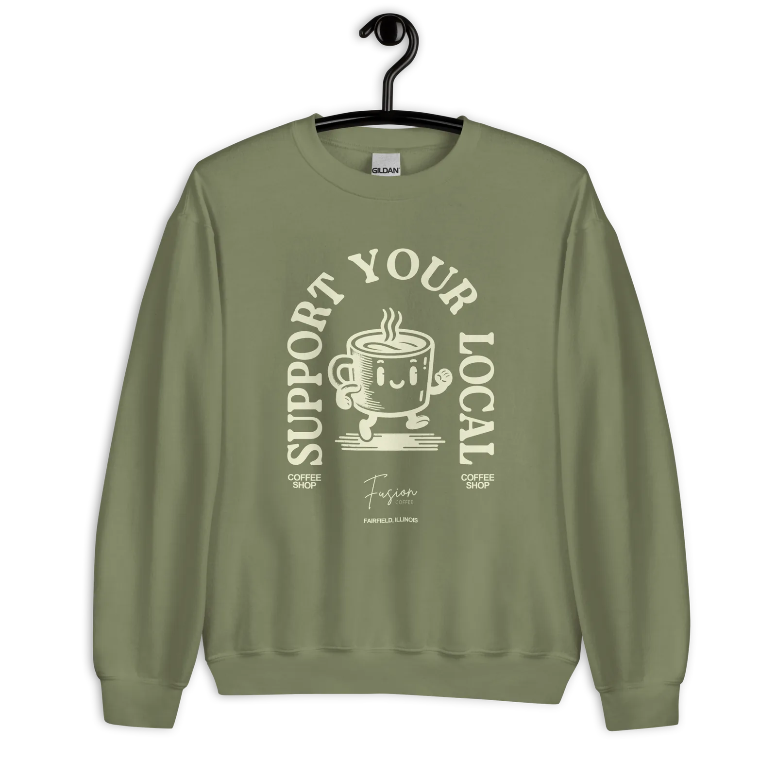 Sage-green crewneck reading “Support Your Local Coffee Shop” around a retro coffee-cup mascot, Fairfield, Illinois.